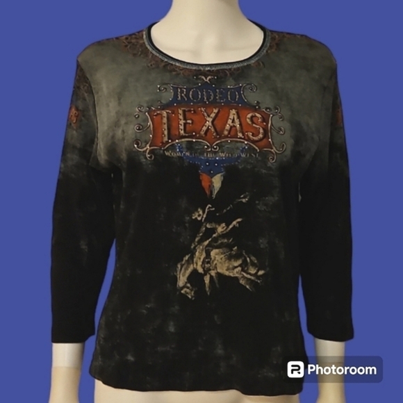 CACTUS Y2k Black Bedazzled Graphic Rodeo Texas Three Quarter Sleeve Top - Picture 1 of 8